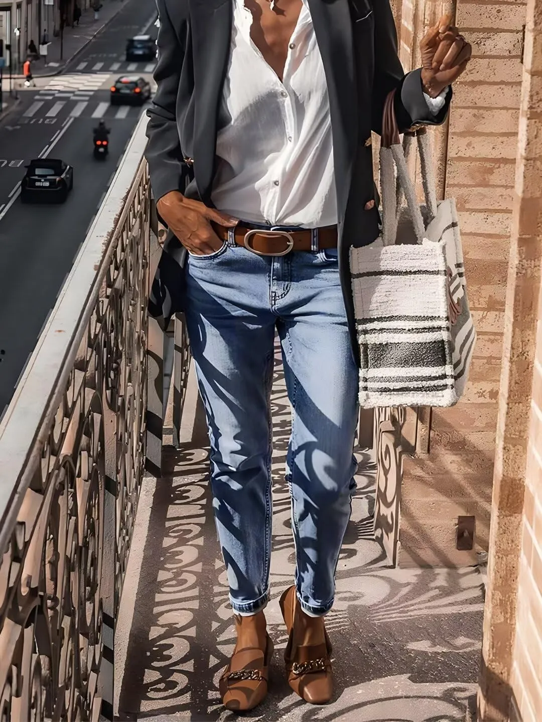 Flamingals Straight Leg Mid Waist Casual Roll Hem Denim Cropped Jeans Without Belt