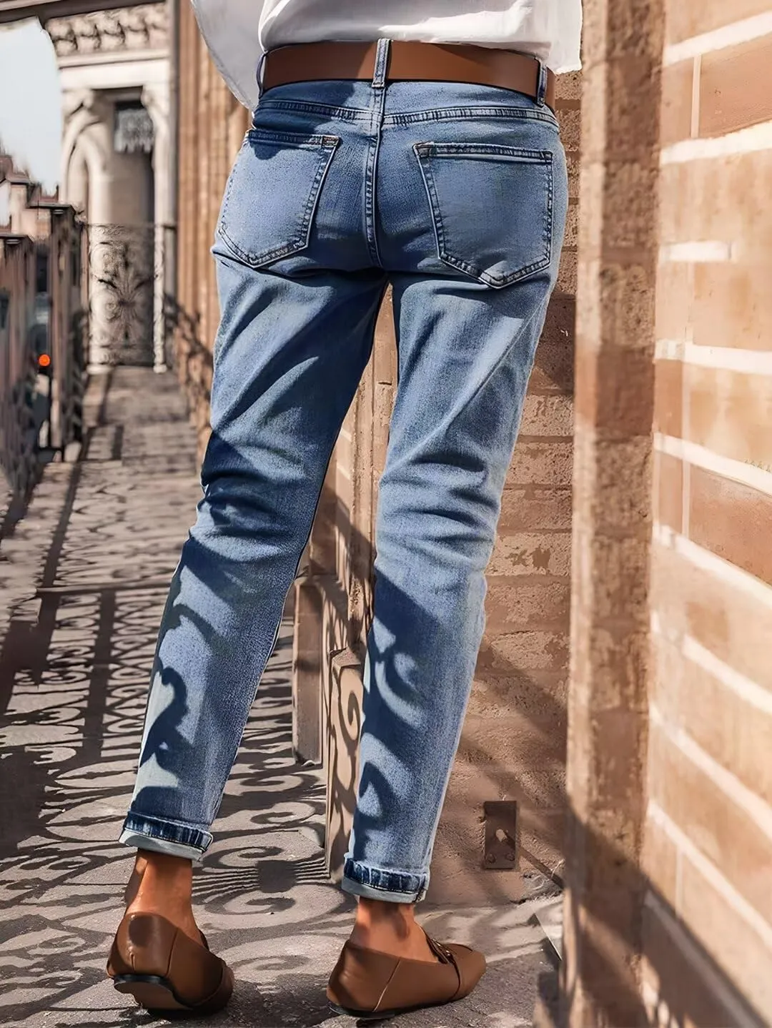 Flamingals Straight Leg Mid Waist Casual Roll Hem Denim Cropped Jeans Without Belt