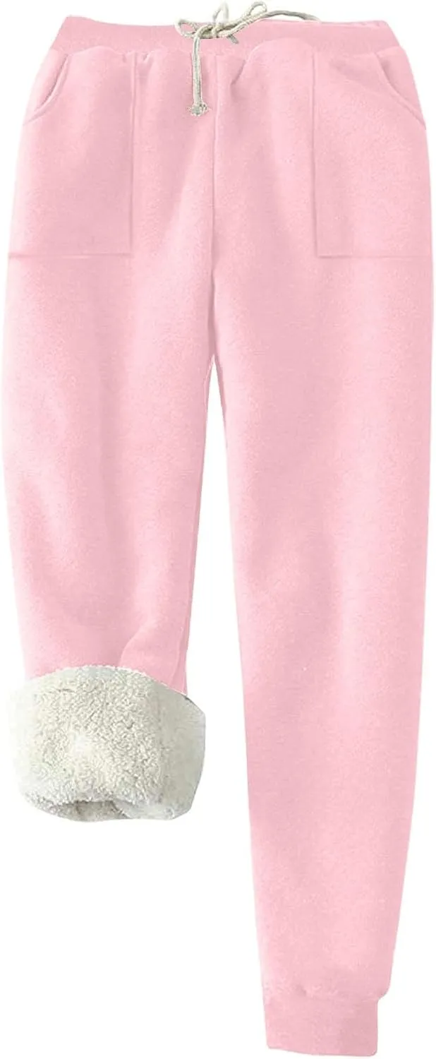 Fleece Lined Sweatpants for Women Oversized Warm Sherpa Athletic Joggers Baggy Drawstring High Waist Pant with Pocket
