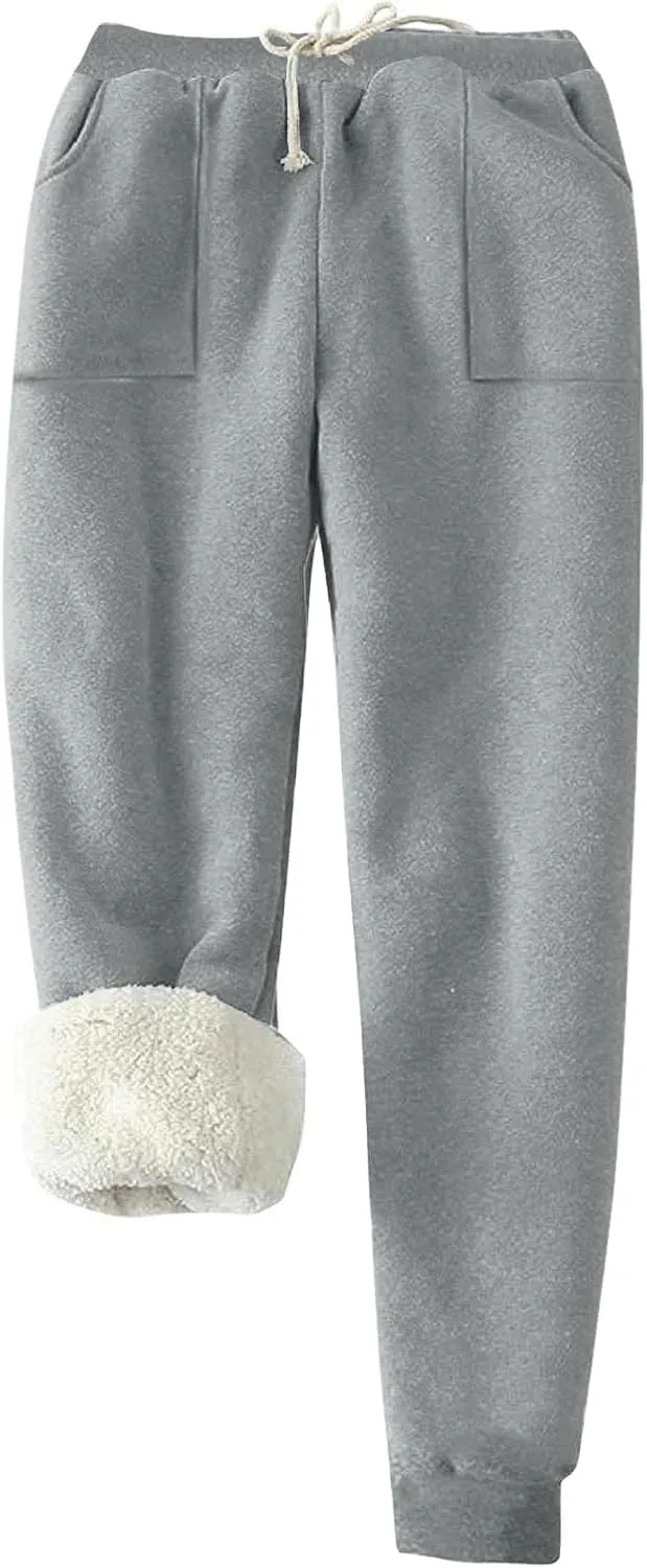 Fleece Lined Sweatpants for Women Oversized Warm Sherpa Athletic Joggers Baggy Drawstring High Waist Pant with Pocket