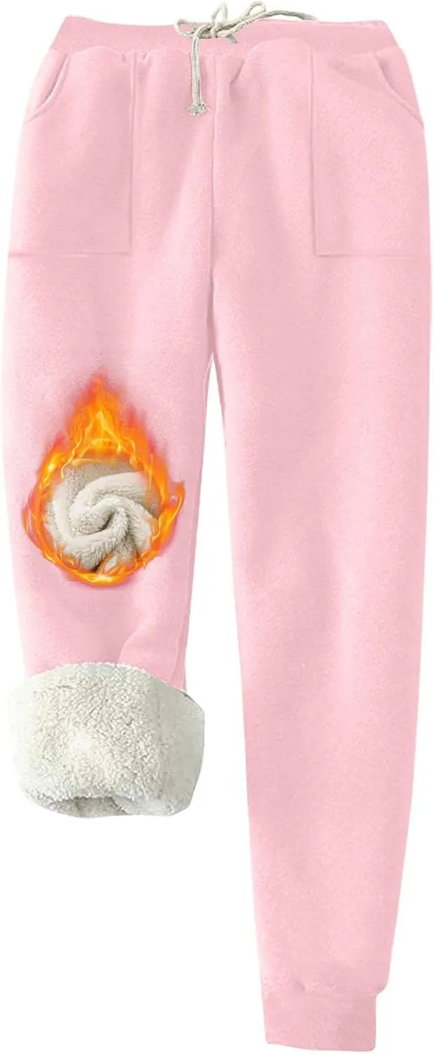 Fleece Lined Sweatpants for Women Oversized Warm Sherpa Athletic Joggers Baggy Drawstring High Waist Pant with Pocket