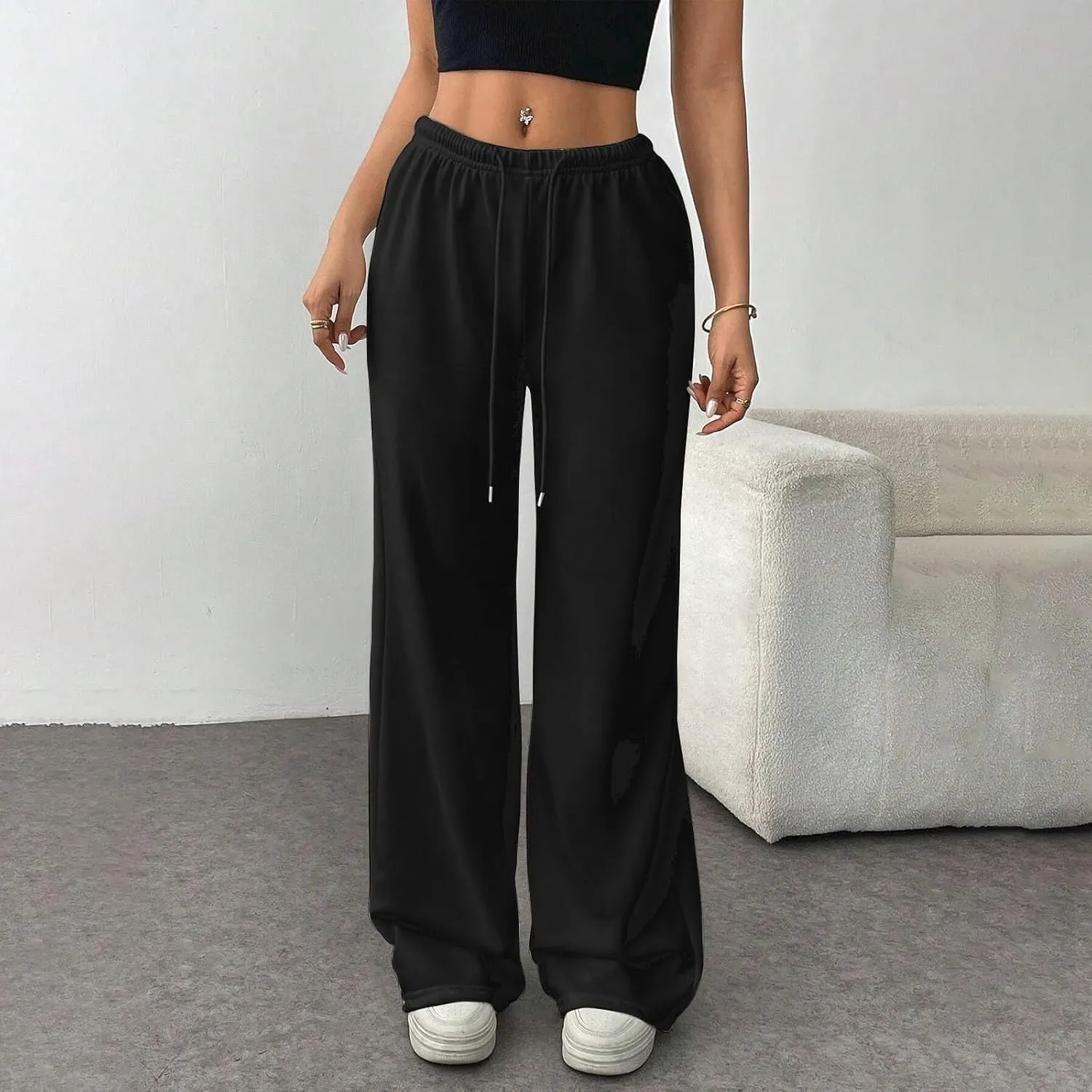 Fleece Lined Sweatpants Women Baggy High Waisted Straight Leg Trousers Drawstring Winter Warm Athletic Joggers