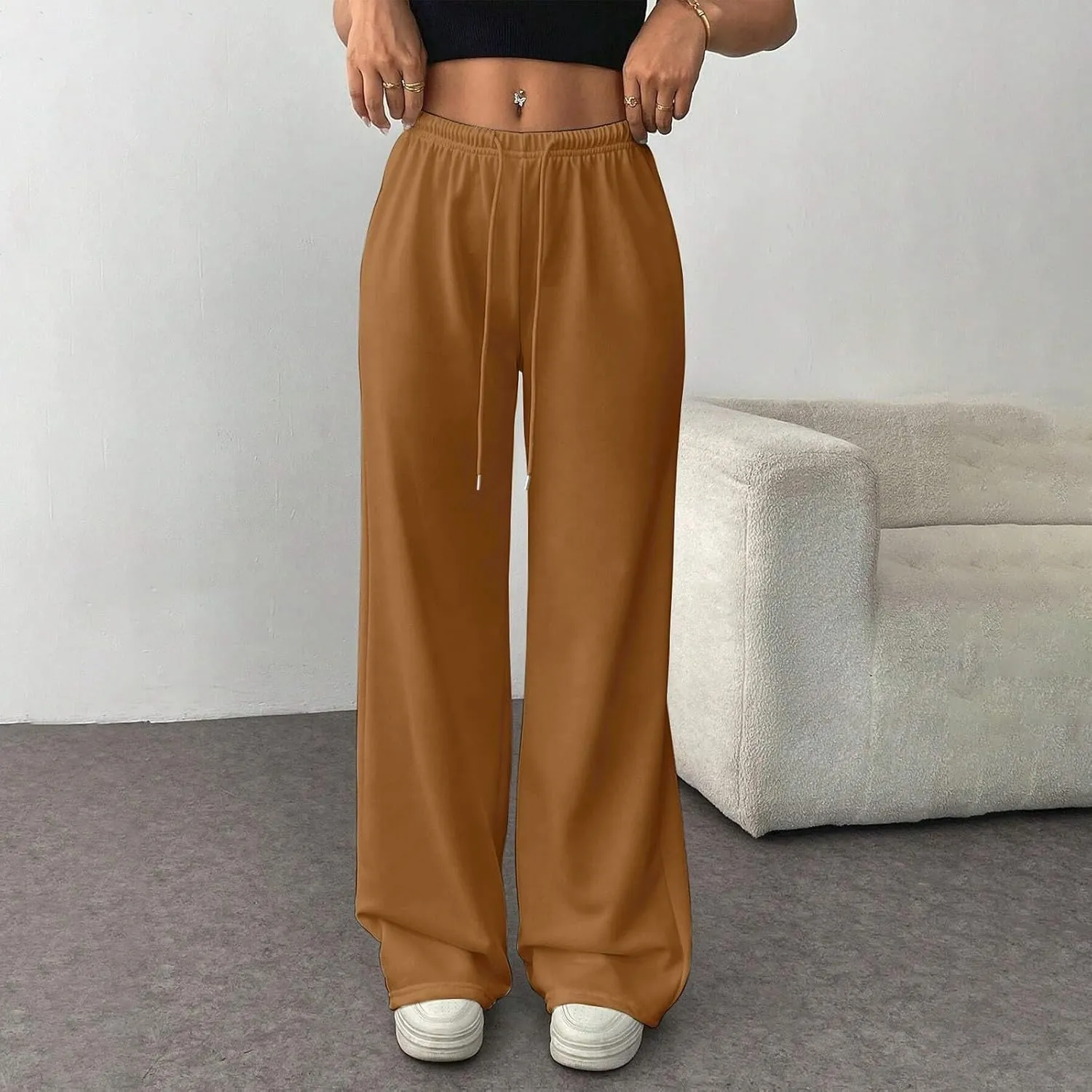 Fleece Lined Sweatpants Women Baggy High Waisted Straight Leg Trousers Drawstring Winter Warm Athletic Joggers