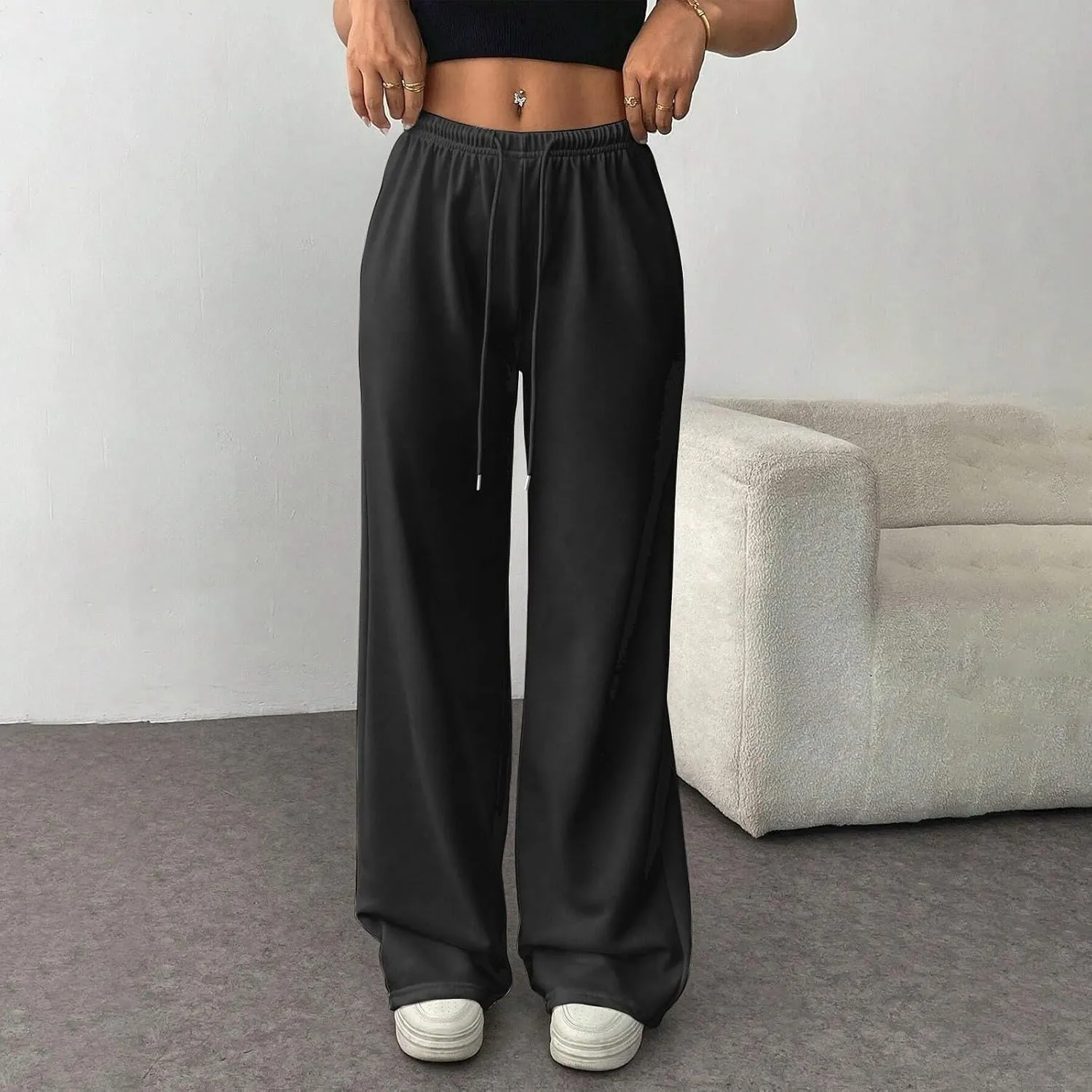Fleece Lined Sweatpants Women Baggy High Waisted Straight Leg Trousers Drawstring Winter Warm Athletic Joggers
