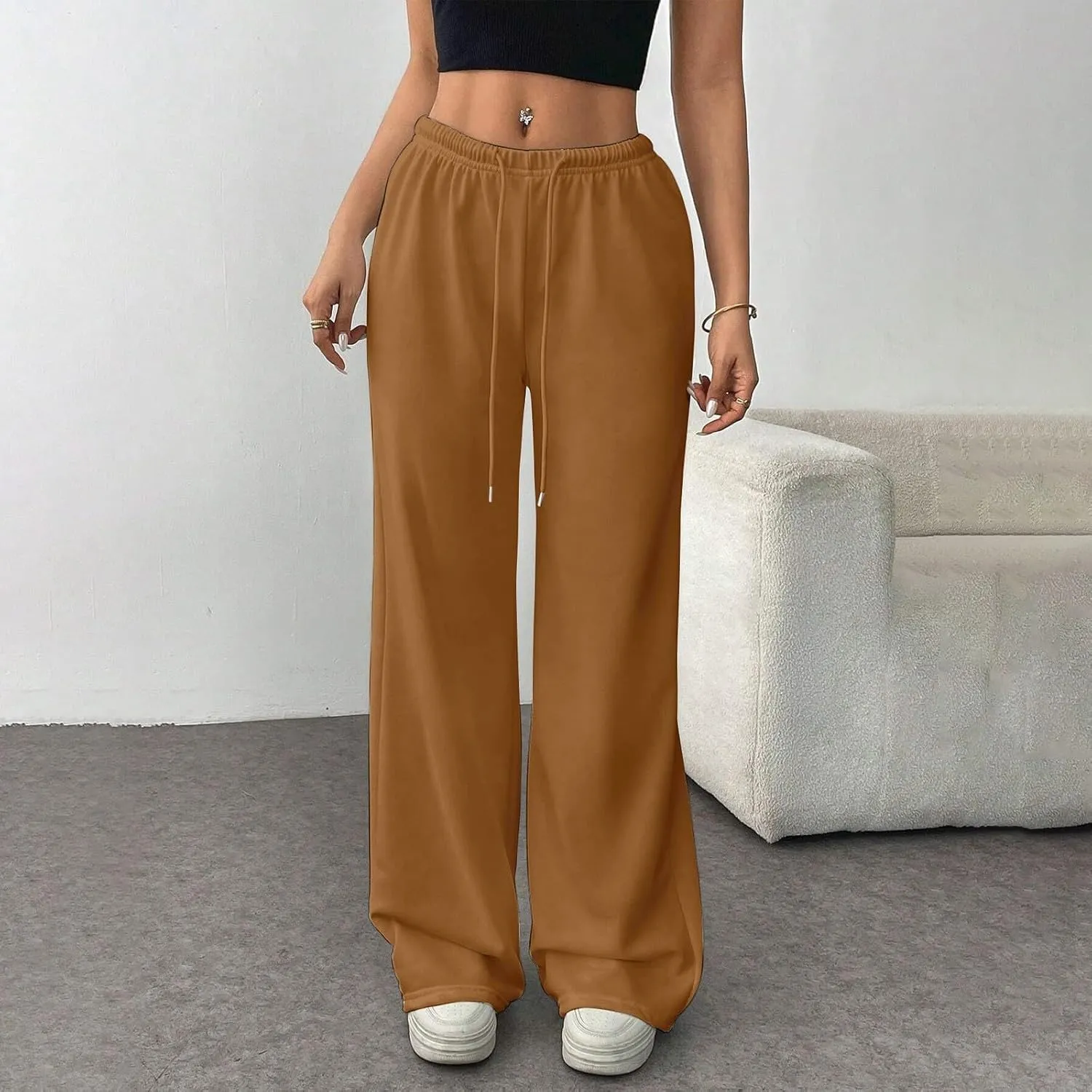 Fleece Lined Sweatpants Women Baggy High Waisted Straight Leg Trousers Drawstring Winter Warm Athletic Joggers