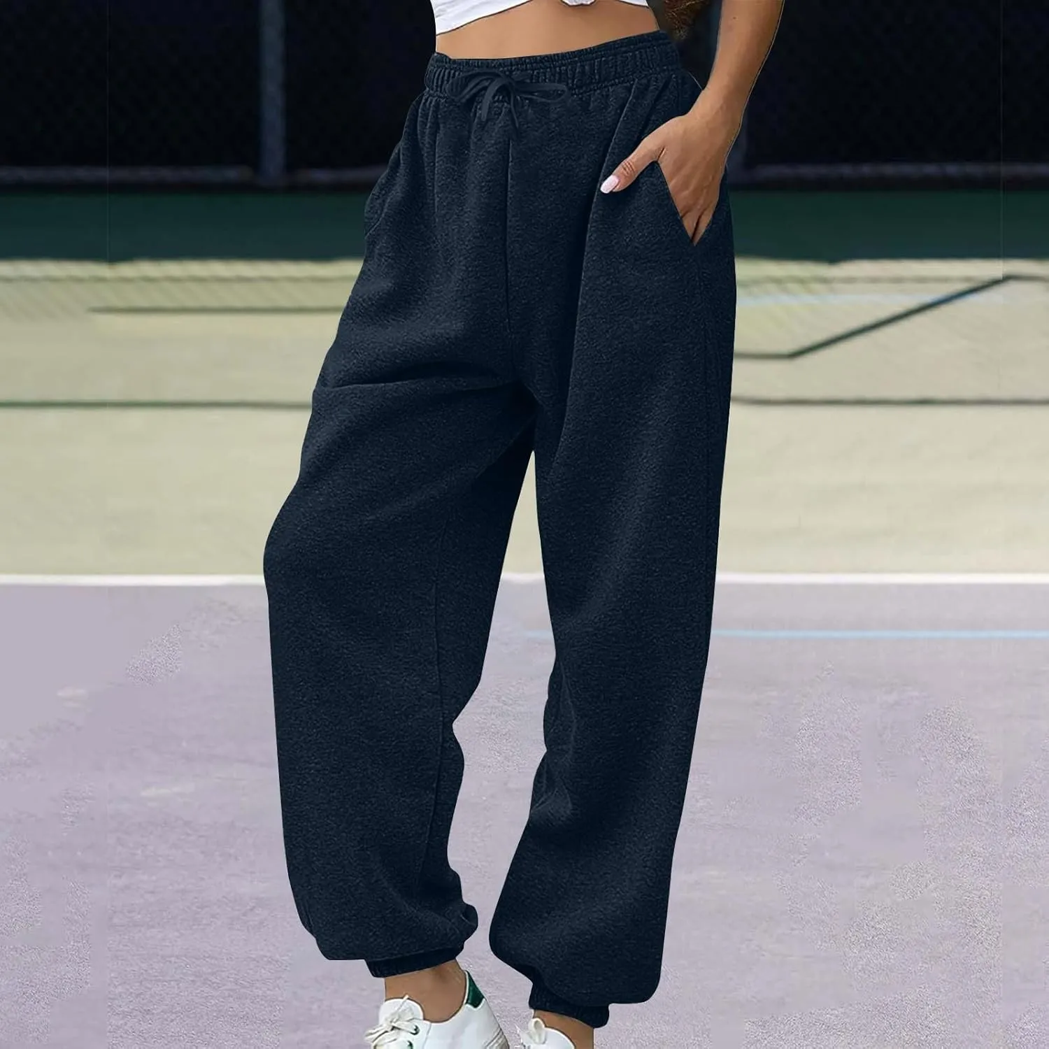 Fleece Sweatpants for Women Oversized High Waisted Drawstring Athletic Joggers Warm Workout Sherpa Pants with Pockets