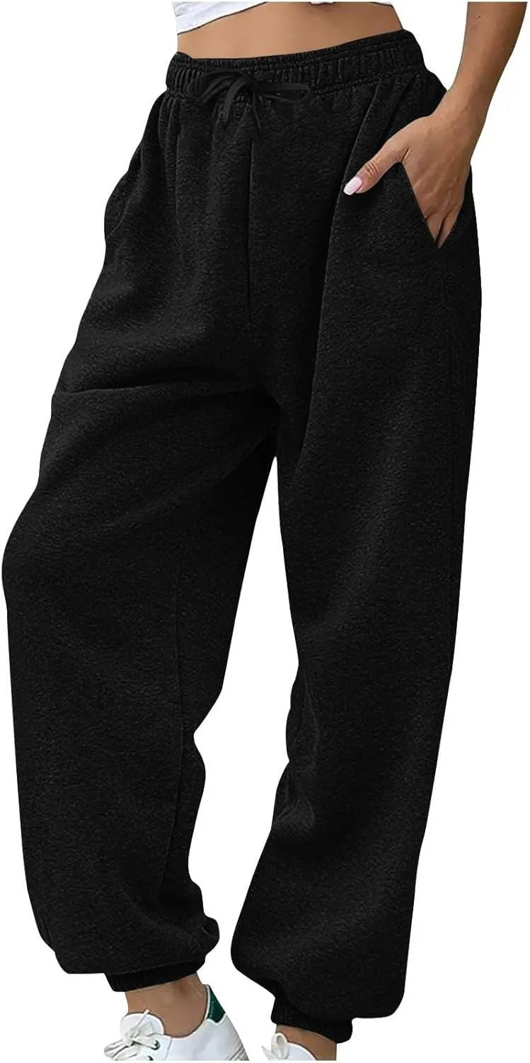 Fleece Sweatpants for Women Oversized High Waisted Drawstring Athletic Joggers Warm Workout Sherpa Pants with Pockets