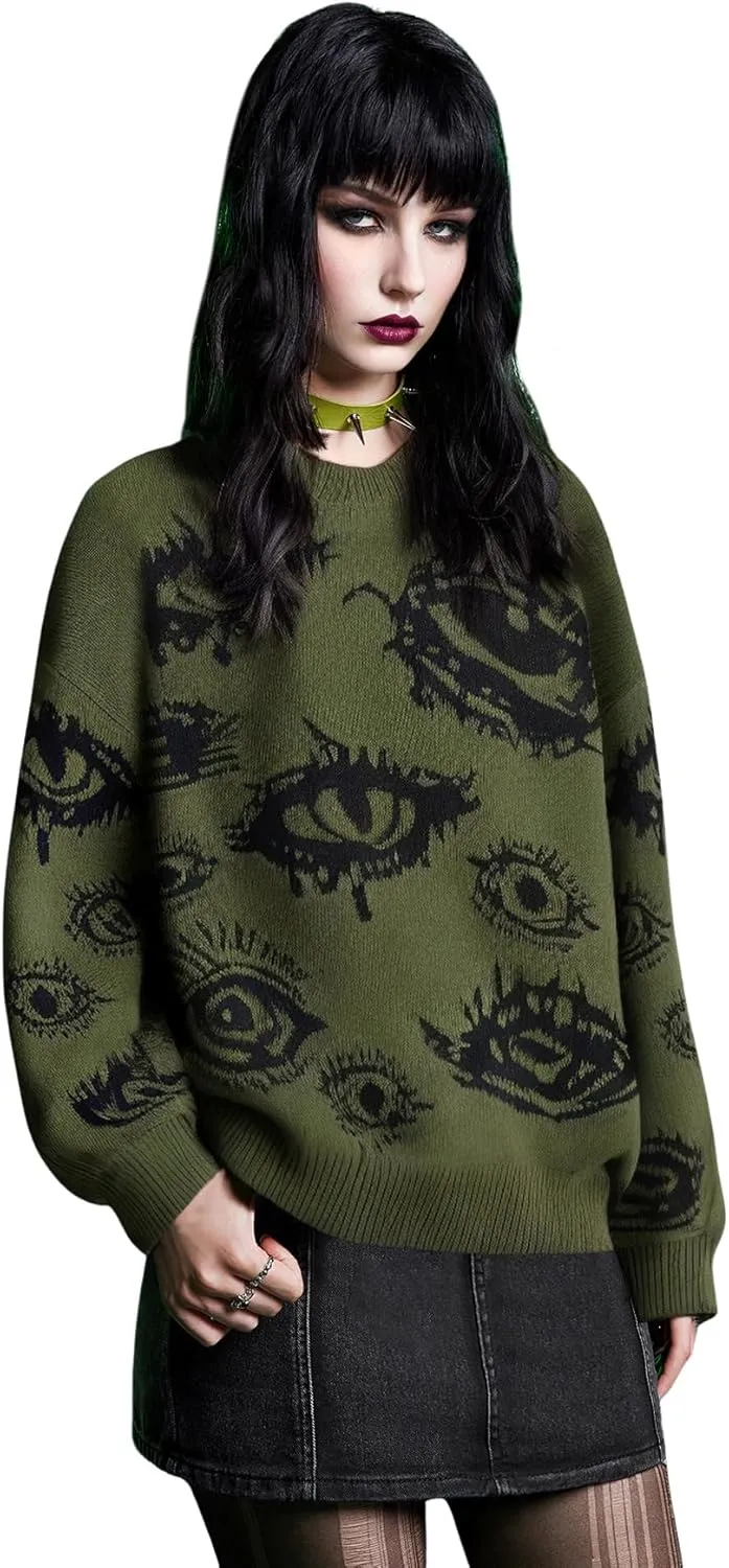 Floerns Women's Goth Grunge Punk Halloween Christmas Graphic Print Long Sleeve Drop Shoulder Sweaters Pullover Tops