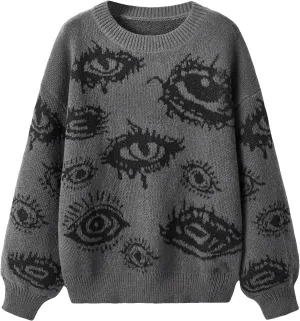 Floerns Women's Goth Grunge Punk Halloween Christmas Graphic Print Long Sleeve Drop Shoulder Sweaters Pullover Tops