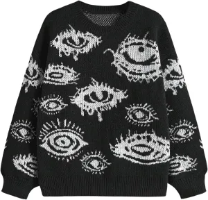 Floerns Women's Goth Grunge Punk Halloween Christmas Graphic Print Long Sleeve Drop Shoulder Sweaters Pullover Tops