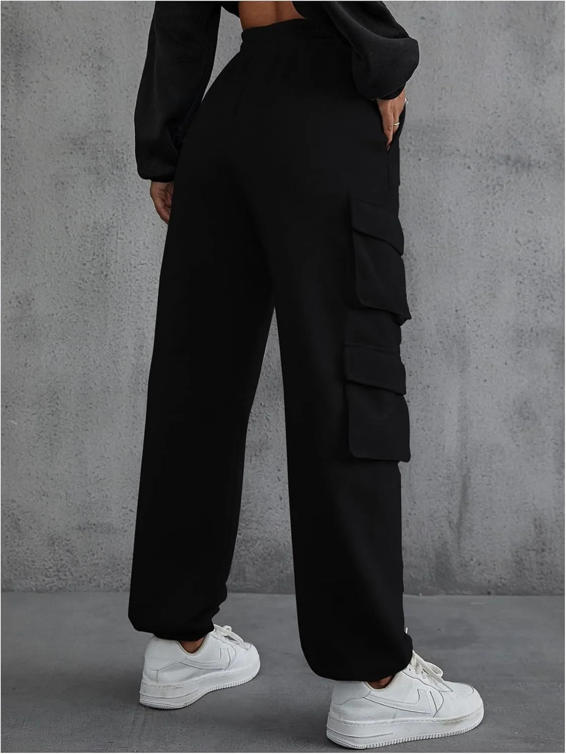 Floerns Women's Solid Elastic High Waist Joggers Cargo Sweatpants with Flap Pockets