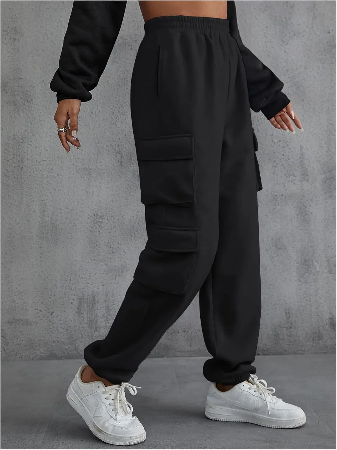 Floerns Women's Solid Elastic High Waist Joggers Cargo Sweatpants with Flap Pockets