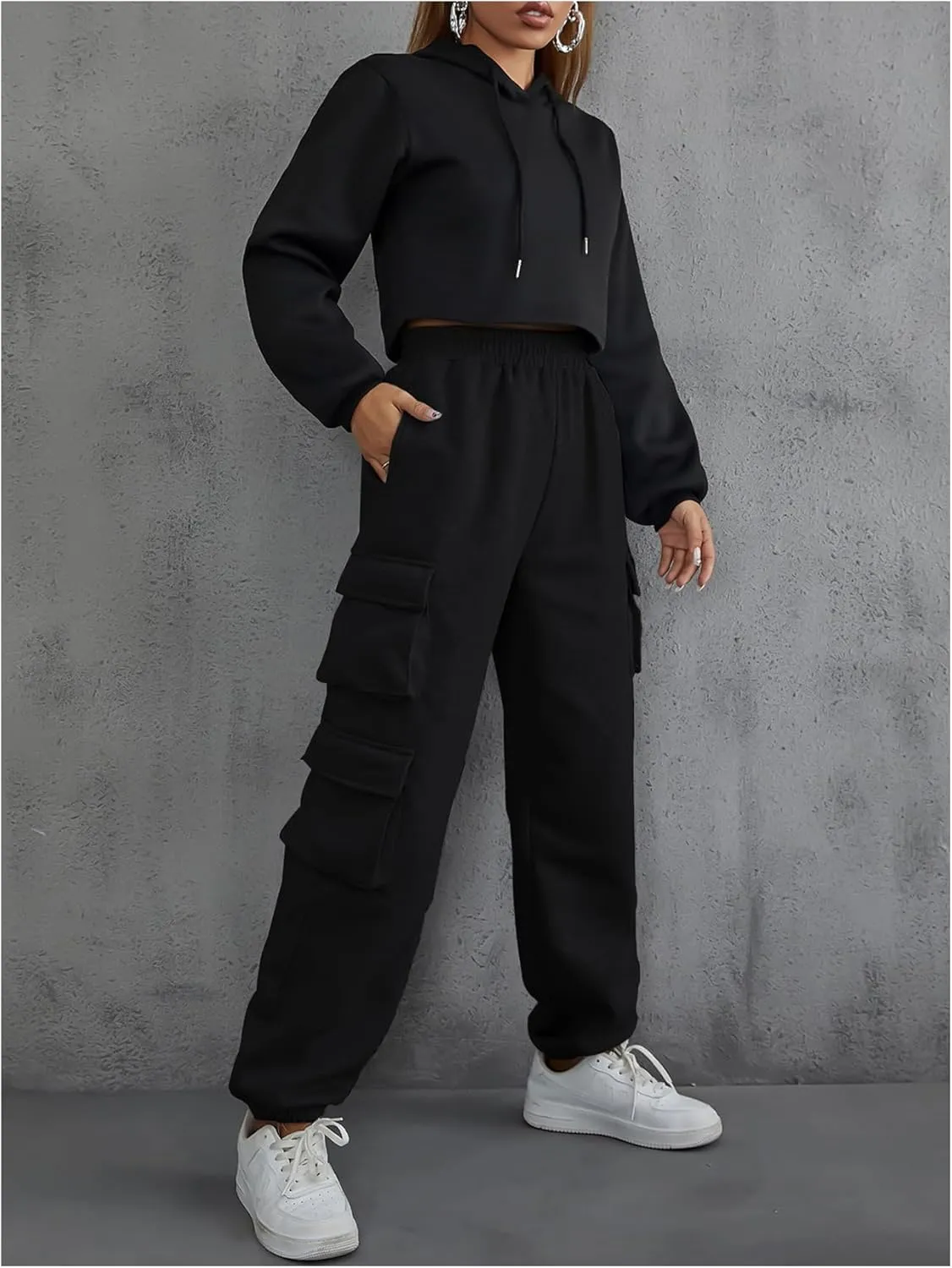 Floerns Women's Solid Elastic High Waist Joggers Cargo Sweatpants with Flap Pockets