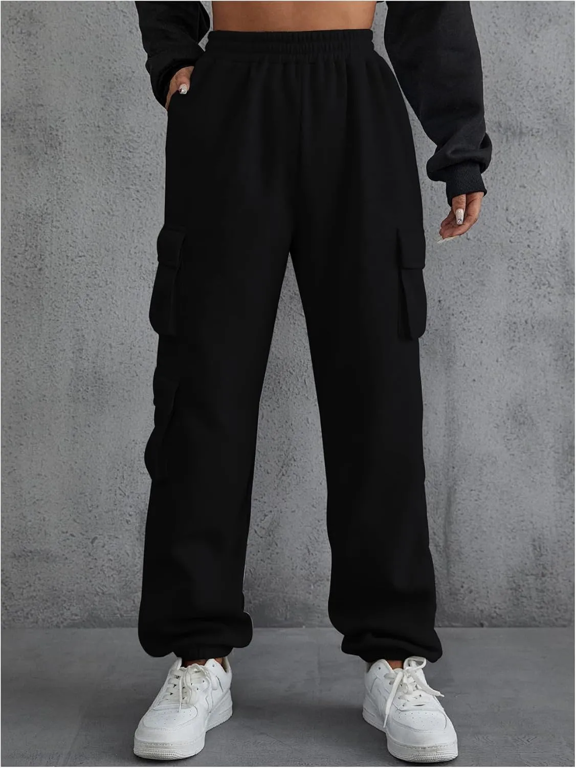 Floerns Women's Solid Elastic High Waist Joggers Cargo Sweatpants with Flap Pockets