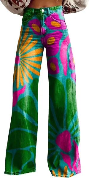 Floral Jeans for Women 2025 Wide Leg Baggy Pant Vintage Floral Print High Waisted Straight Stretch Pants with Pocket