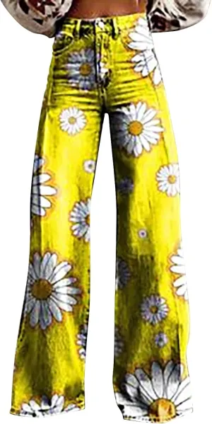 Floral Jeans for Women 2025 Wide Leg Baggy Pant Vintage Floral Print High Waisted Straight Stretch Pants with Pocket