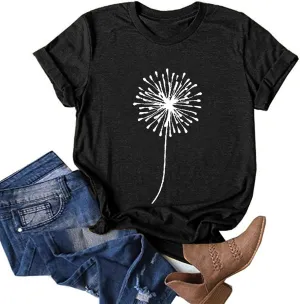 FONMA Casual Tops for Women 2025 Summer Dandelion Printed Crew Neck Short Sleeve Shirt Loose Daily Workout Blouse
