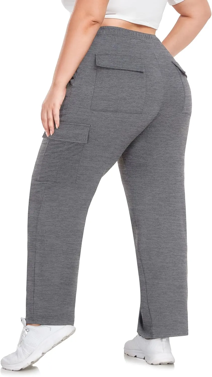 FOREYOND Plus Size Women's Cargo Sweatpants Casual Straight Leg Lounge Pants Drawstring High Waist Joggers with Pockets
