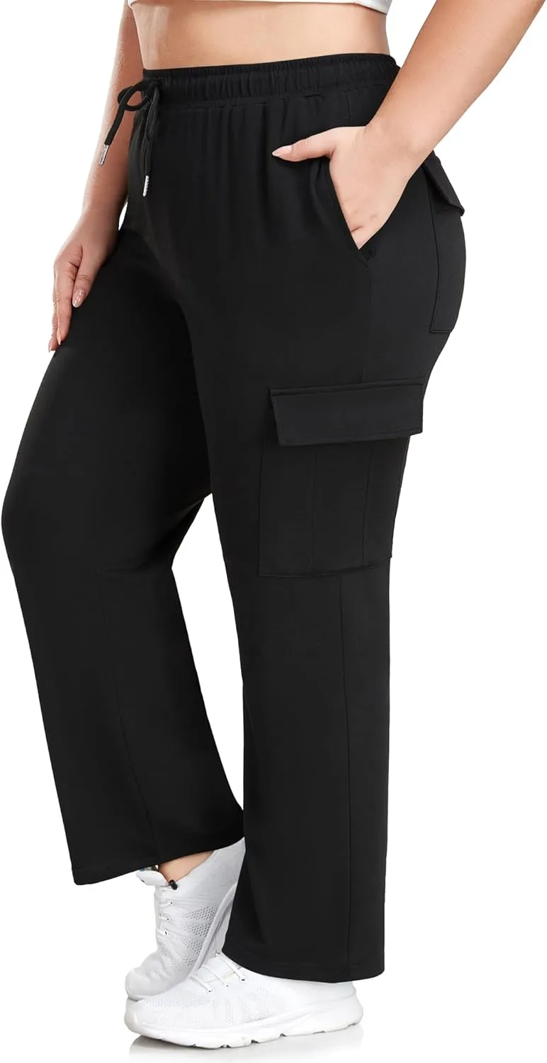 FOREYOND Plus Size Women's Cargo Sweatpants Casual Straight Leg Lounge Pants Drawstring High Waist Joggers with Pockets