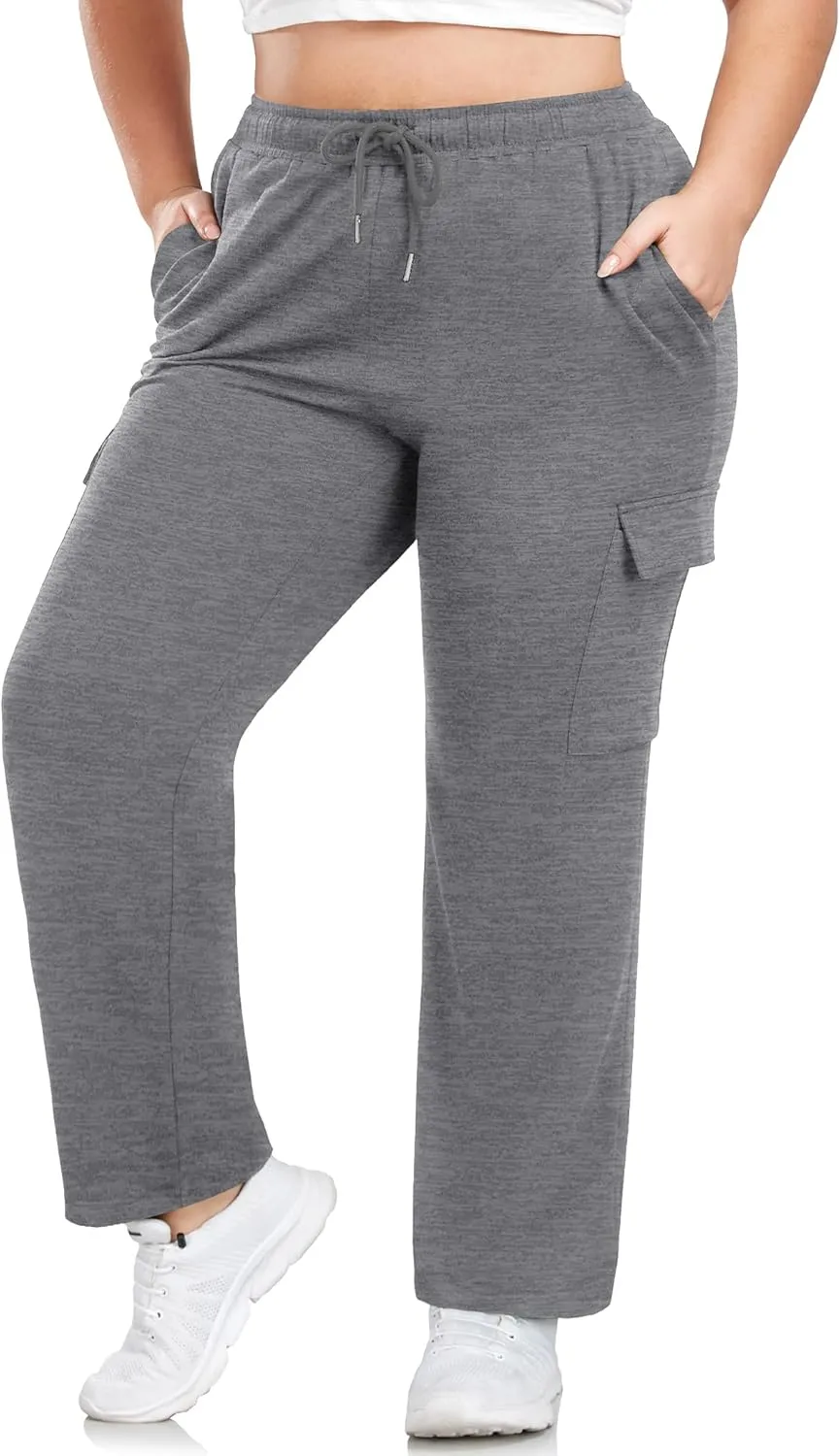FOREYOND Plus Size Women's Cargo Sweatpants Casual Straight Leg Lounge Pants Drawstring High Waist Joggers with Pockets