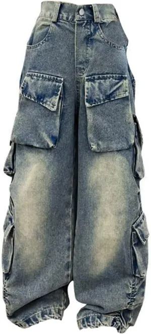 Girls Jeans Baggy Denim Jeans Wide Leg Vintage Distressed Pants Cargo Jeans Multi Pockets Y2K Streetwear