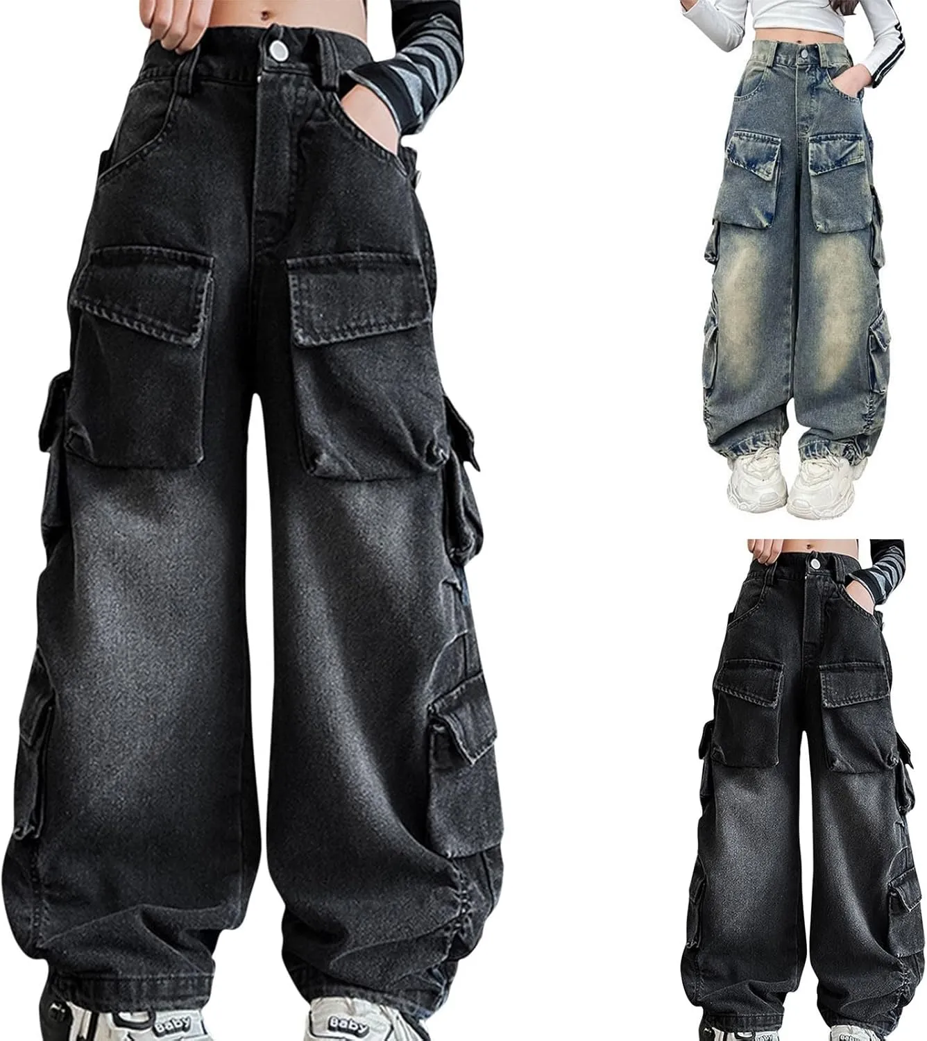 Girls Jeans Baggy Denim Jeans Wide Leg Vintage Distressed Pants Cargo Jeans Multi Pockets Y2K Streetwear