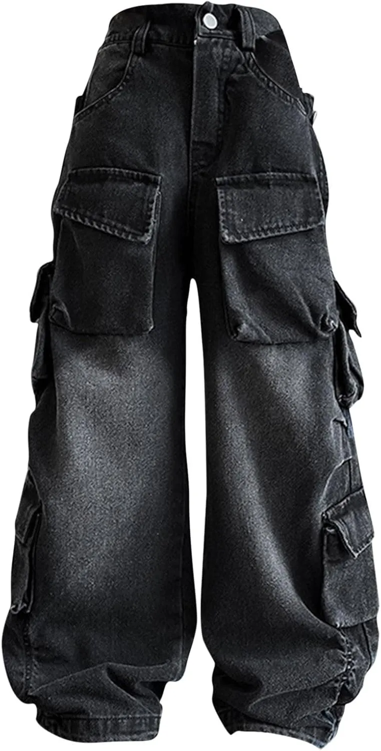 Girls Jeans Baggy Denim Jeans Wide Leg Vintage Distressed Pants Cargo Jeans Multi Pockets Y2K Streetwear