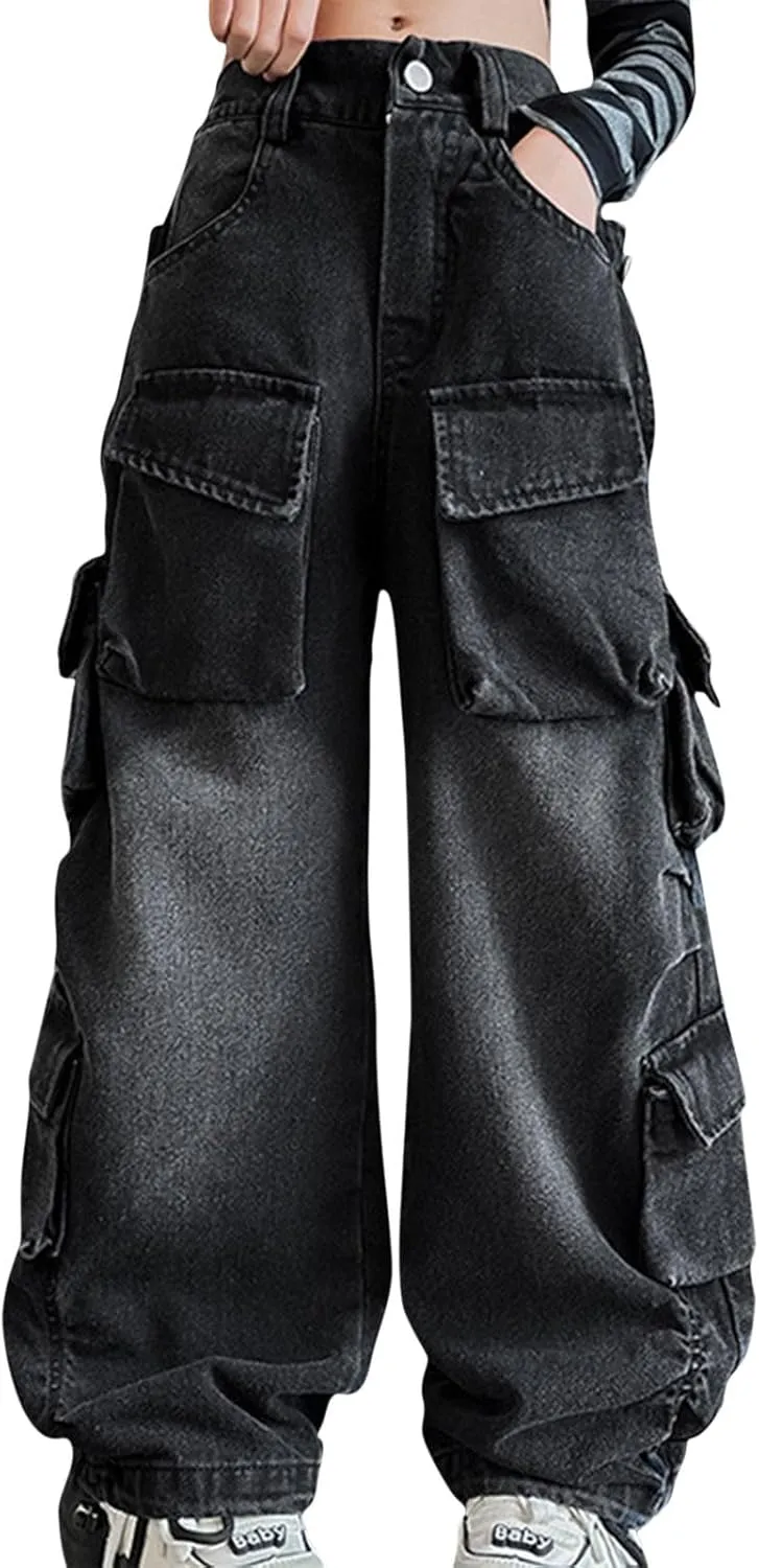 Girls Jeans Baggy Denim Jeans Wide Leg Vintage Distressed Pants Cargo Jeans Multi Pockets Y2K Streetwear
