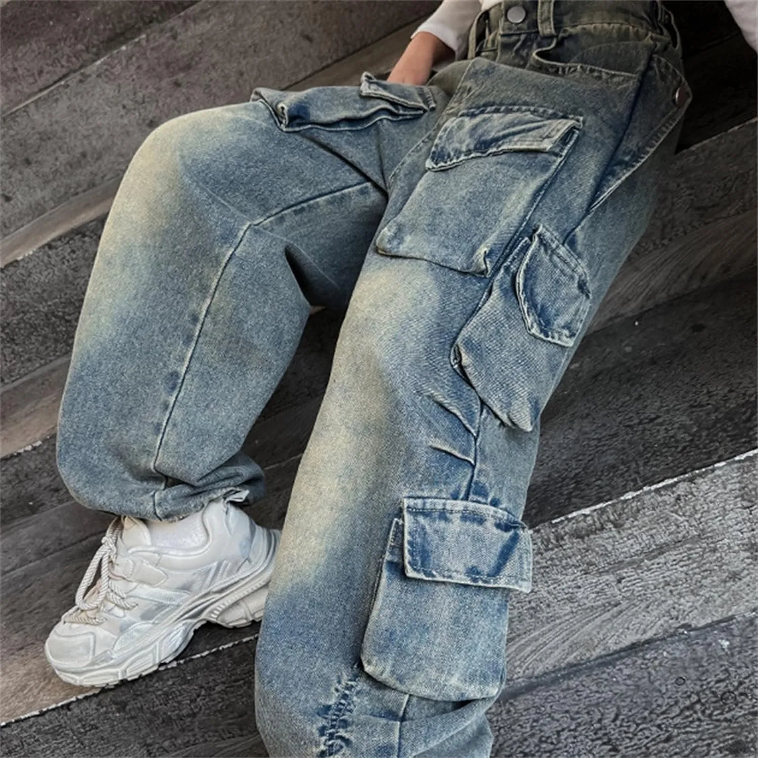 Girls Jeans Baggy Denim Jeans Wide Leg Vintage Distressed Pants Cargo Jeans Multi Pockets Y2K Streetwear