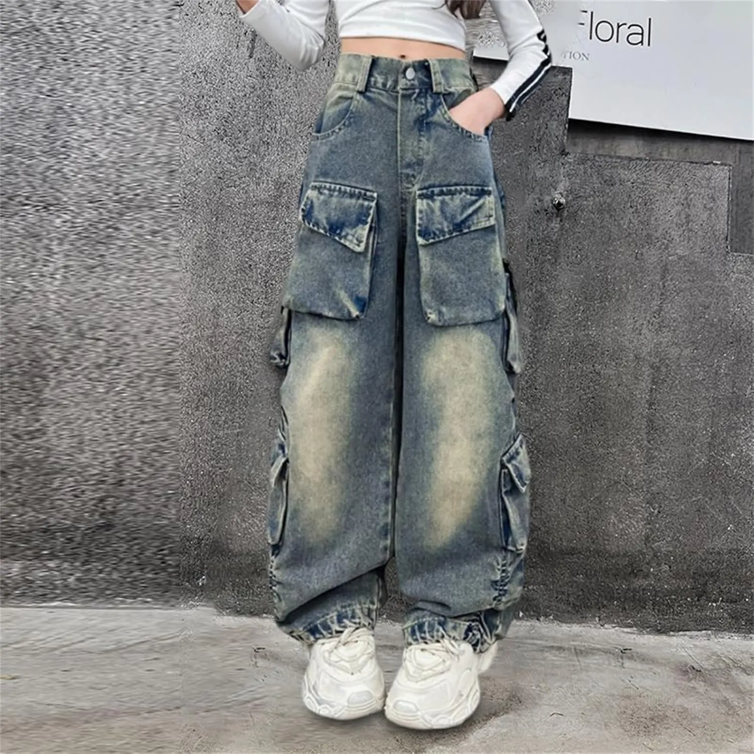 Girls Jeans Baggy Denim Jeans Wide Leg Vintage Distressed Pants Cargo Jeans Multi Pockets Y2K Streetwear