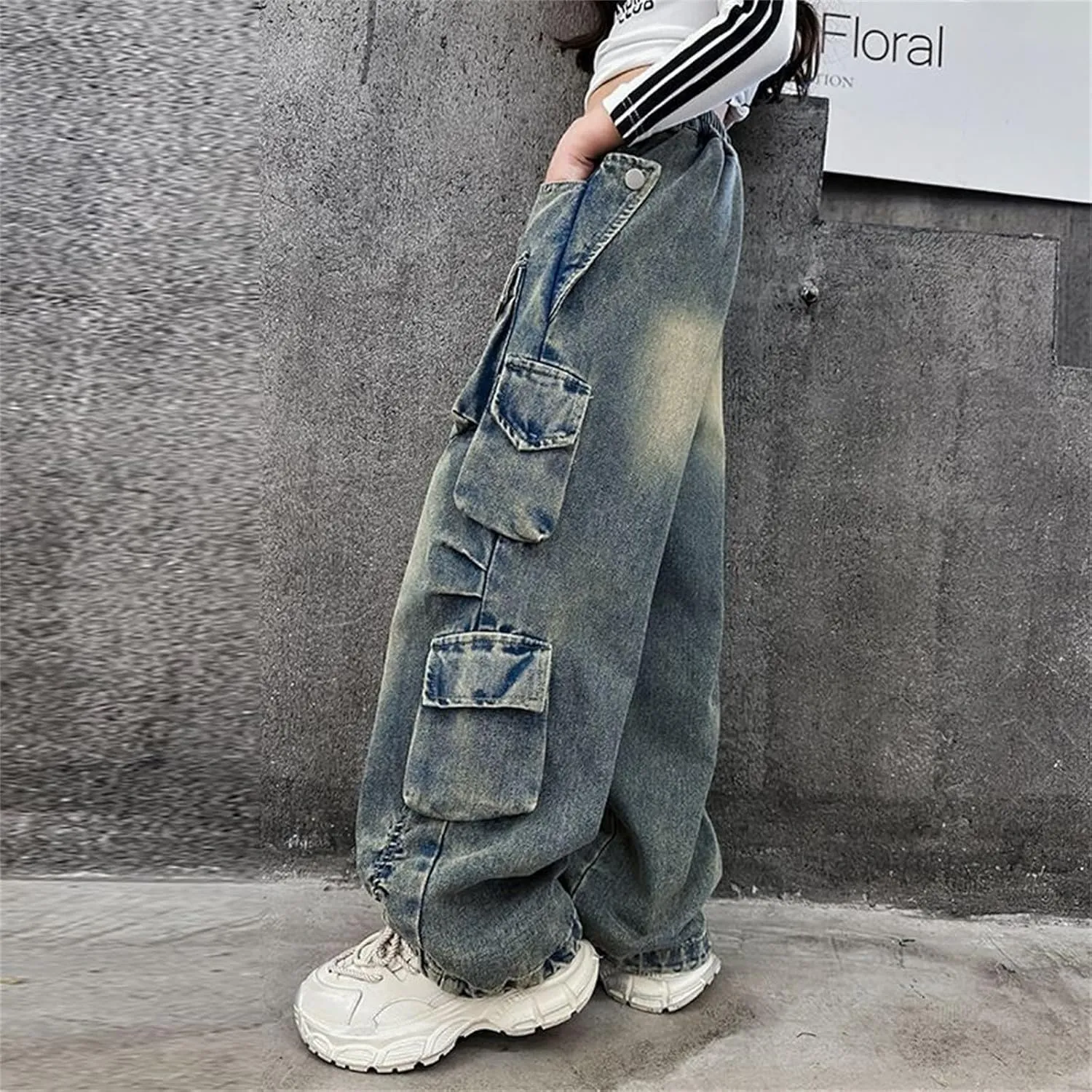 Girls Jeans Baggy Denim Jeans Wide Leg Vintage Distressed Pants Cargo Jeans Multi Pockets Y2K Streetwear