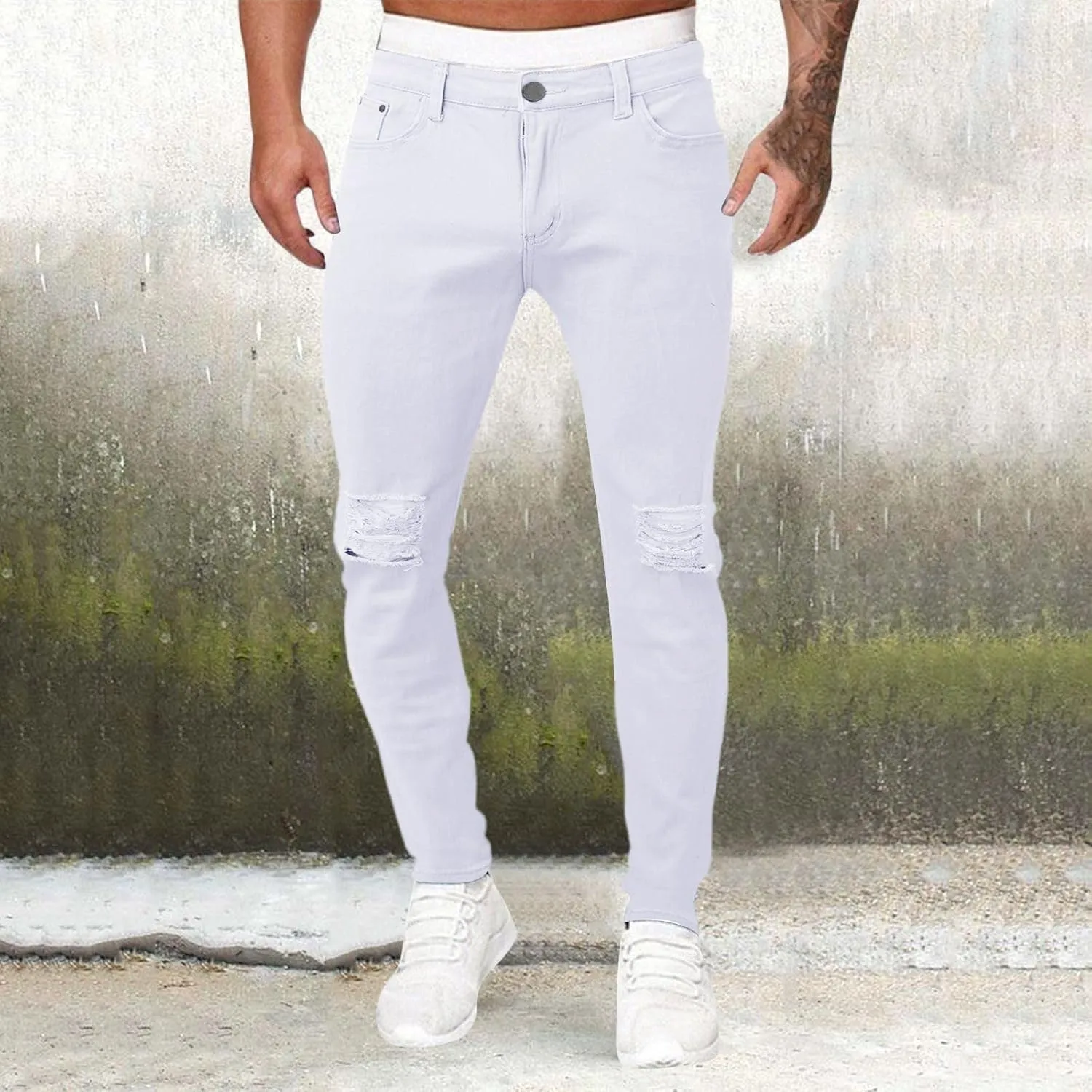 GOKKILRW Jeans for Men Big and Tall Relaxed Fit Straight Leg Skinny Jeans Ripped Stretch Slim Fit Tapered Jeans Denim Pants