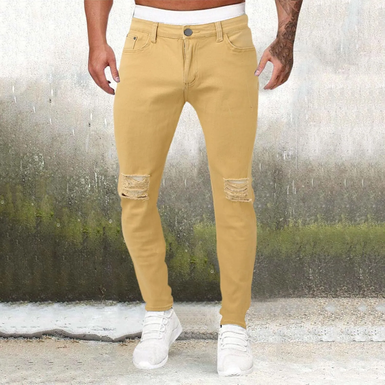 GOKKILRW Jeans for Men Big and Tall Relaxed Fit Straight Leg Skinny Jeans Ripped Stretch Slim Fit Tapered Jeans Denim Pants