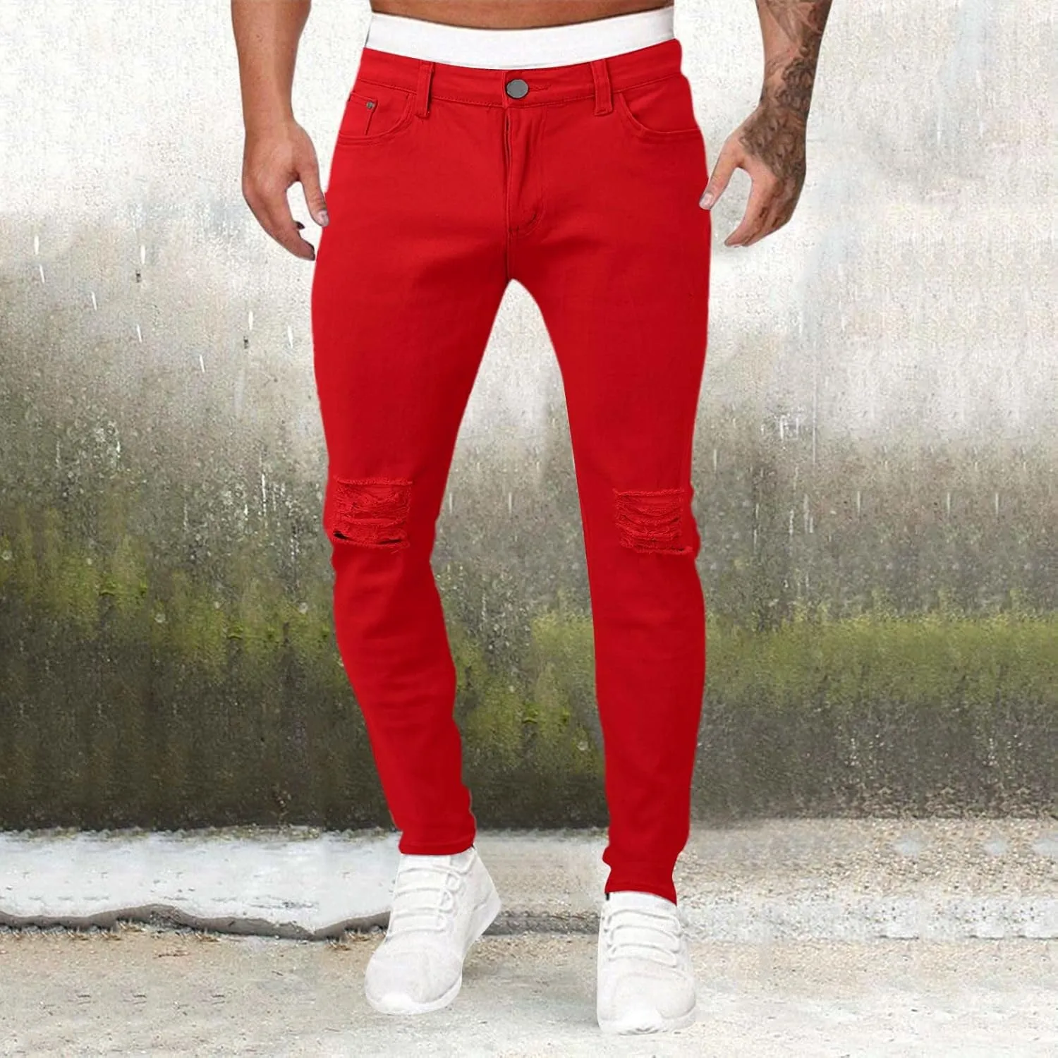 GOKKILRW Jeans for Men Big and Tall Relaxed Fit Straight Leg Skinny Jeans Ripped Stretch Slim Fit Tapered Jeans Denim Pants