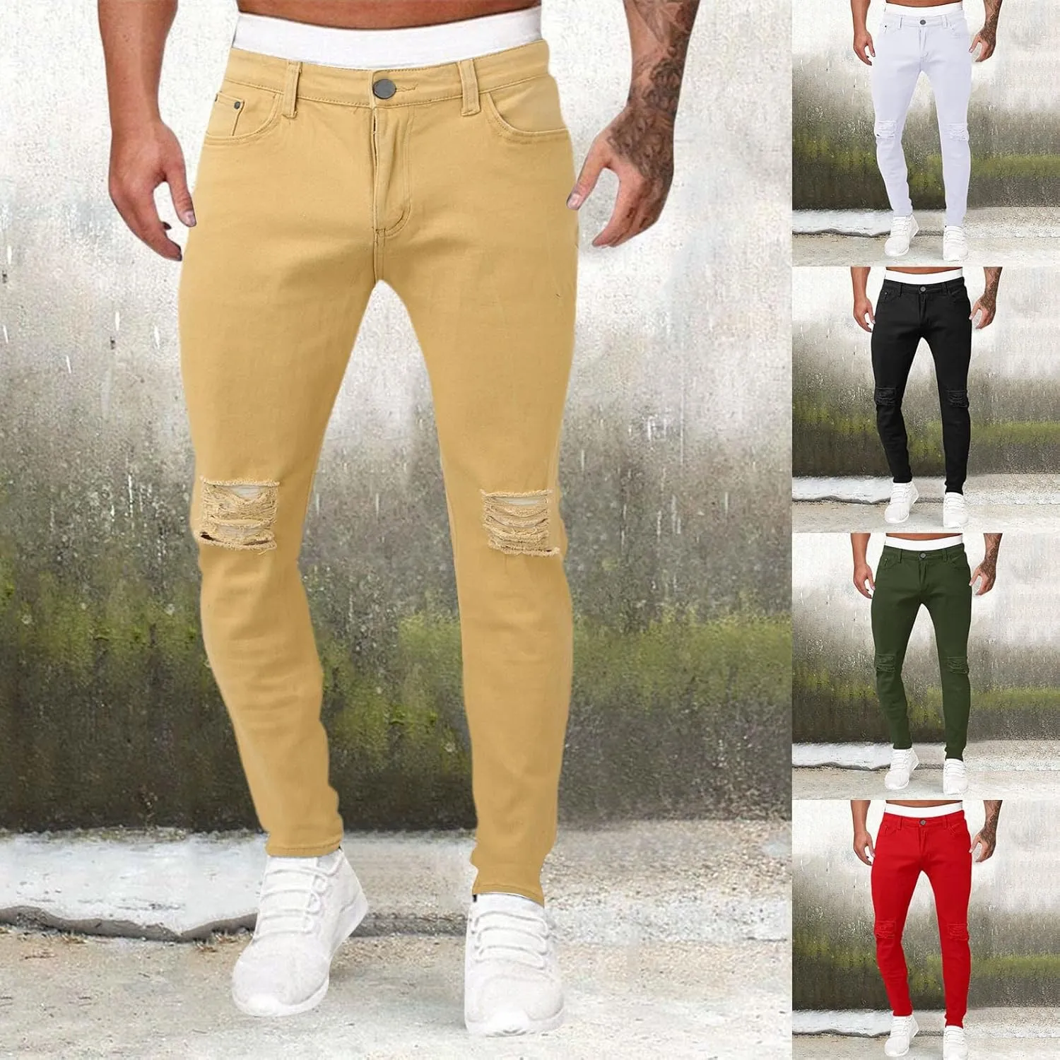 GOKKILRW Jeans for Men Big and Tall Relaxed Fit Straight Leg Skinny Jeans Ripped Stretch Slim Fit Tapered Jeans Denim Pants
