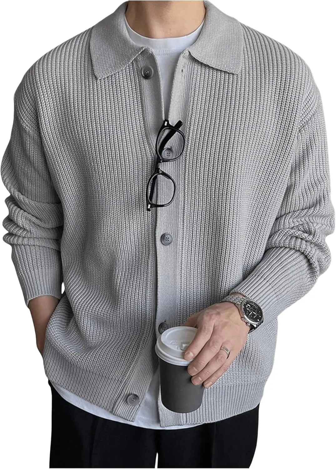 GORGLITTER Men's Cardigan Sweater Knit Collar Neck Button up Sweaters