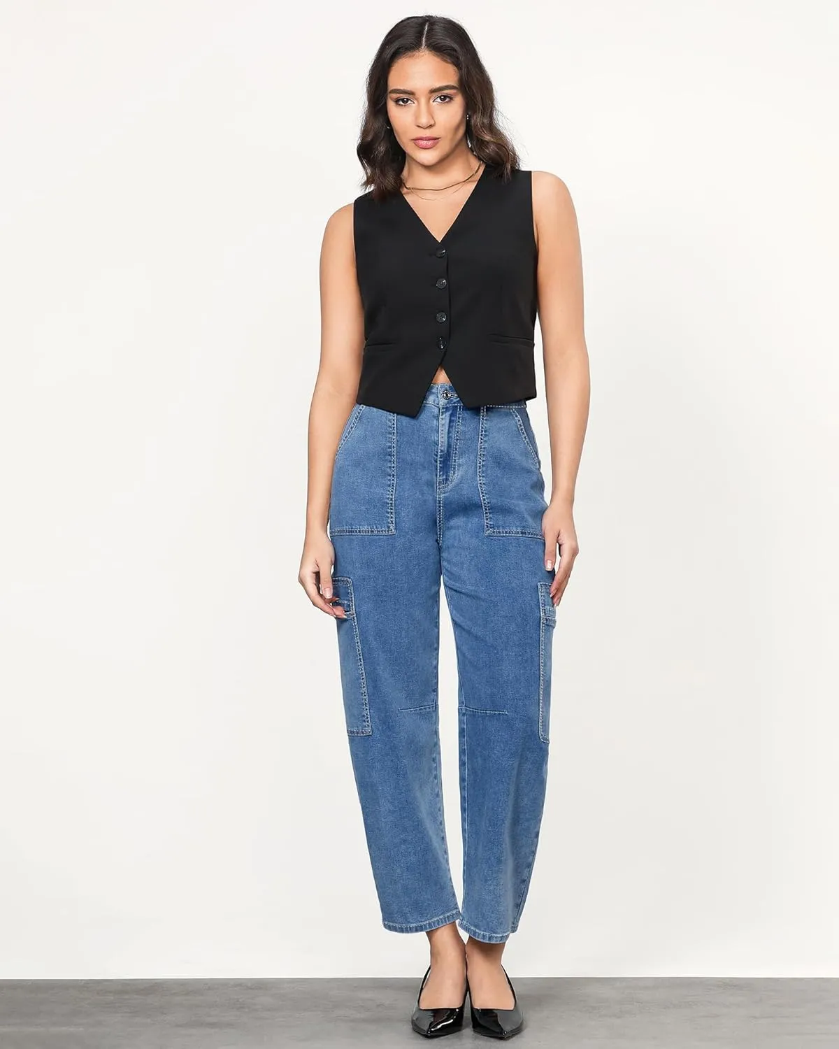 GRAPENT Barrel Jeans for Women Trendy High Waisted Cropped Cargo Pocket Baggy Stretch Denim Pants Wide Leg Tapered Jeans