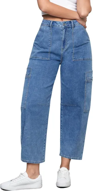 GRAPENT Barrel Jeans for Women Trendy High Waisted Cropped Cargo Pocket Baggy Stretch Denim Pants Wide Leg Tapered Jeans
