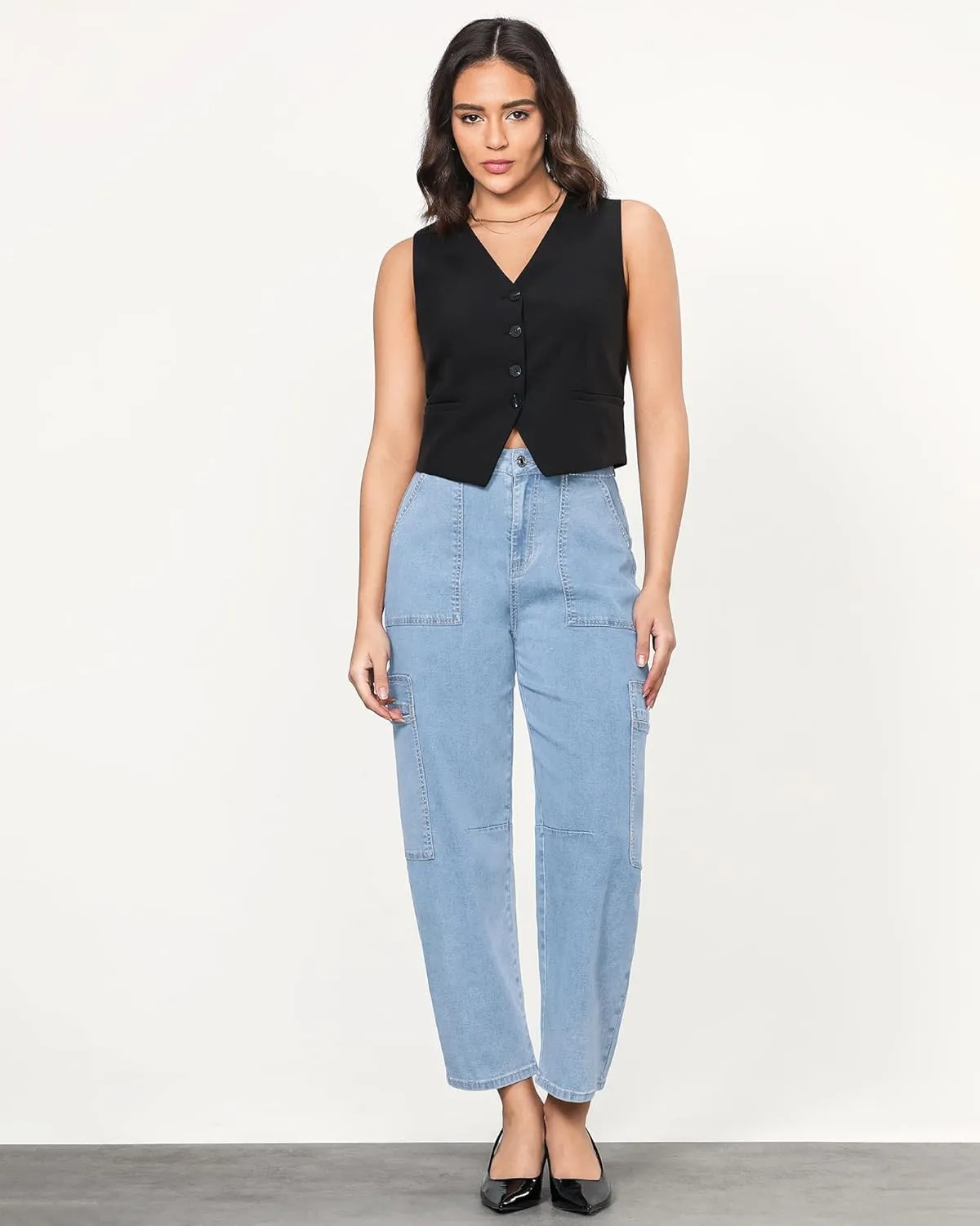 GRAPENT Barrel Jeans for Women Trendy High Waisted Cropped Cargo Pocket Baggy Stretch Denim Pants Wide Leg Tapered Jeans