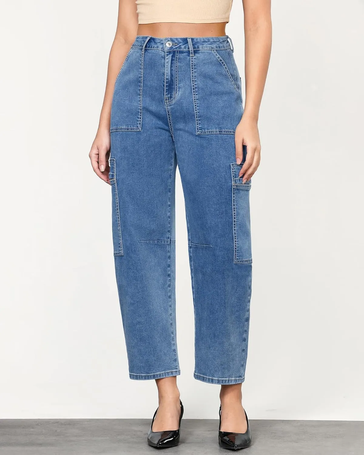 GRAPENT Barrel Jeans for Women Trendy High Waisted Cropped Cargo Pocket Baggy Stretch Denim Pants Wide Leg Tapered Jeans