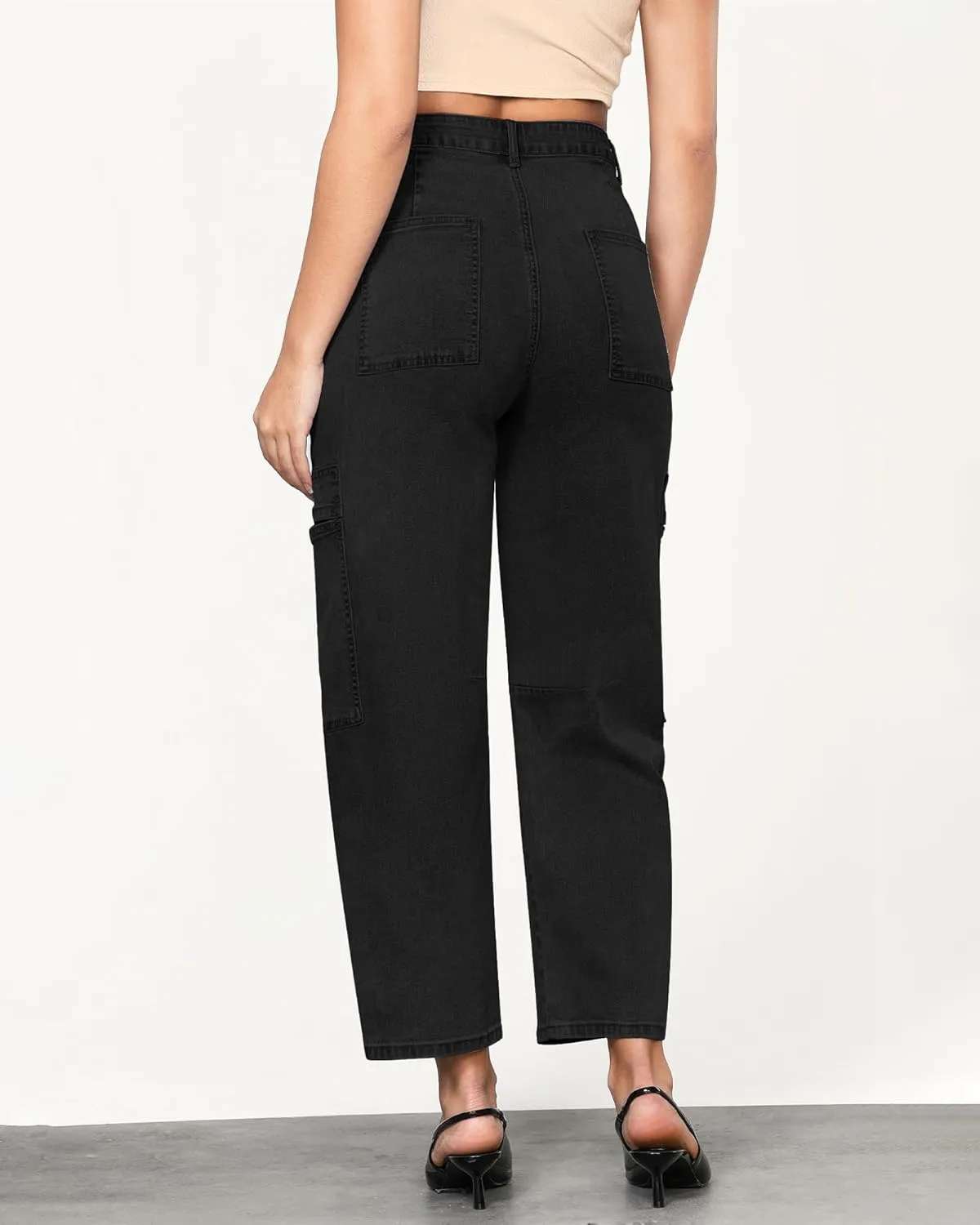 GRAPENT Barrel Jeans for Women Trendy High Waisted Cropped Cargo Pocket Baggy Stretch Denim Pants Wide Leg Tapered Jeans