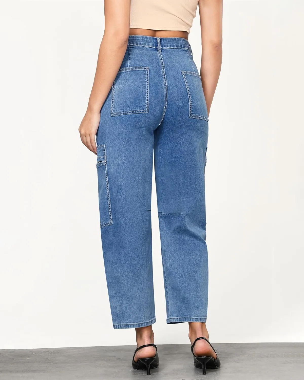GRAPENT Barrel Jeans for Women Trendy High Waisted Cropped Cargo Pocket Baggy Stretch Denim Pants Wide Leg Tapered Jeans