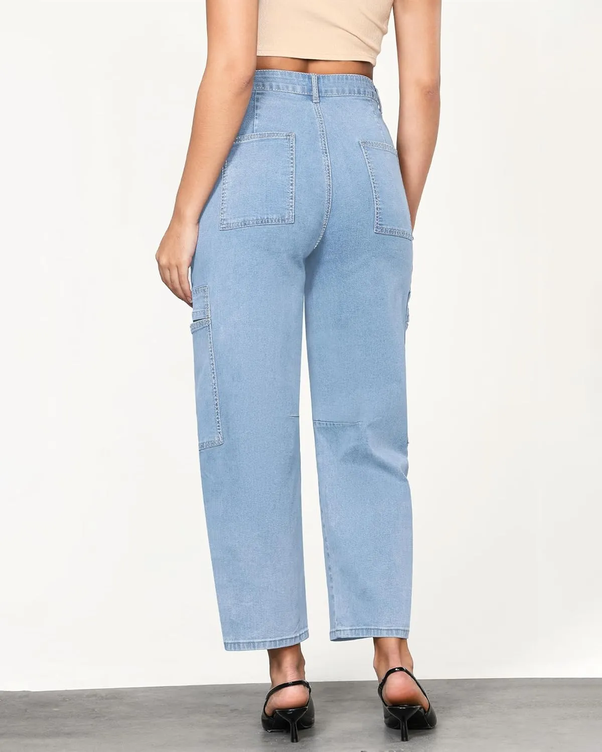 GRAPENT Barrel Jeans for Women Trendy High Waisted Cropped Cargo Pocket Baggy Stretch Denim Pants Wide Leg Tapered Jeans
