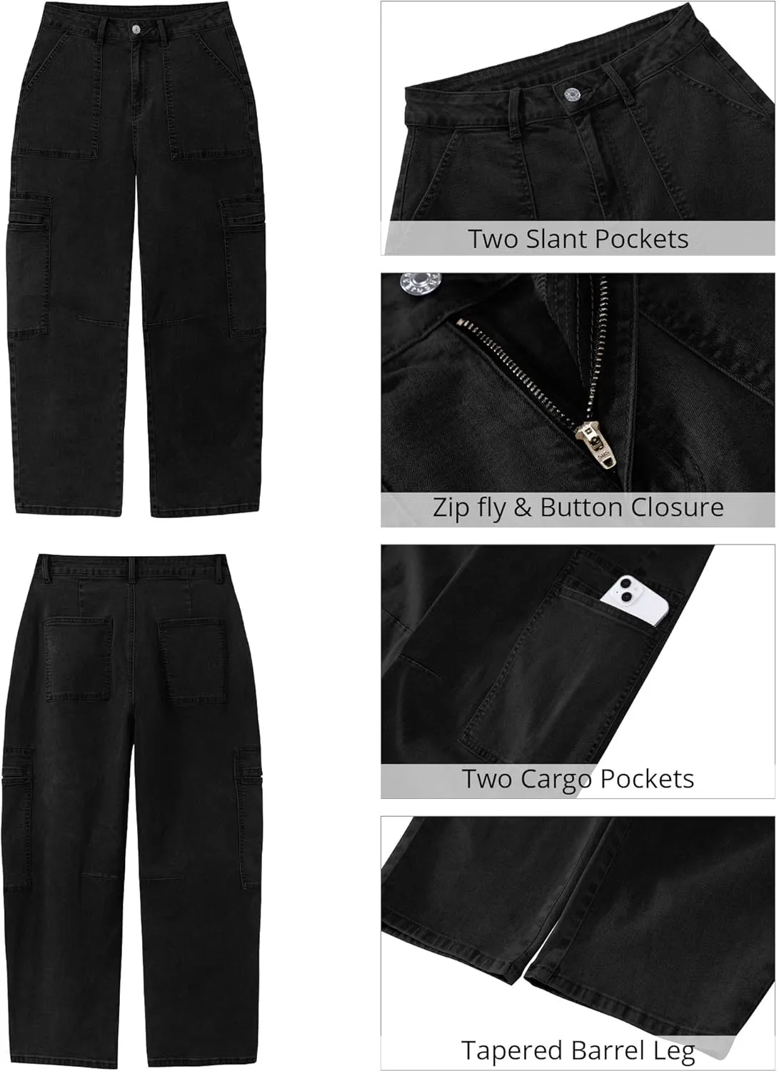 GRAPENT Barrel Jeans for Women Trendy High Waisted Cropped Cargo Pocket Baggy Stretch Denim Pants Wide Leg Tapered Jeans
