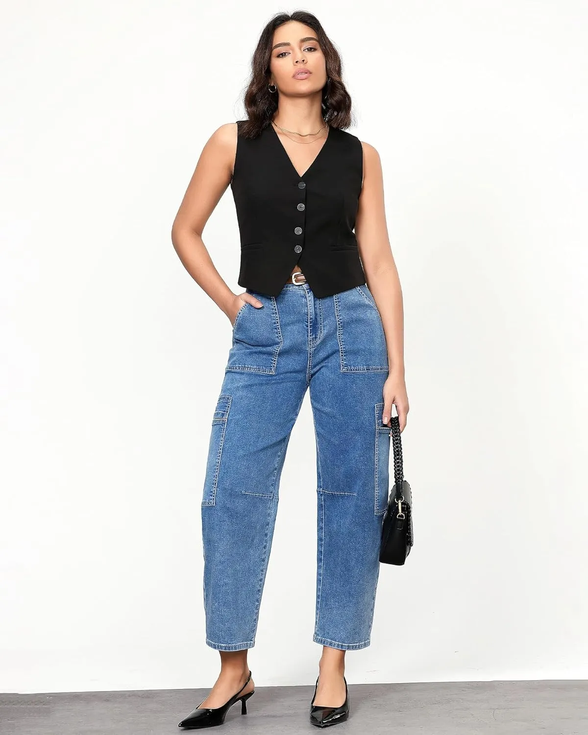 GRAPENT Barrel Jeans for Women Trendy High Waisted Cropped Cargo Pocket Baggy Stretch Denim Pants Wide Leg Tapered Jeans