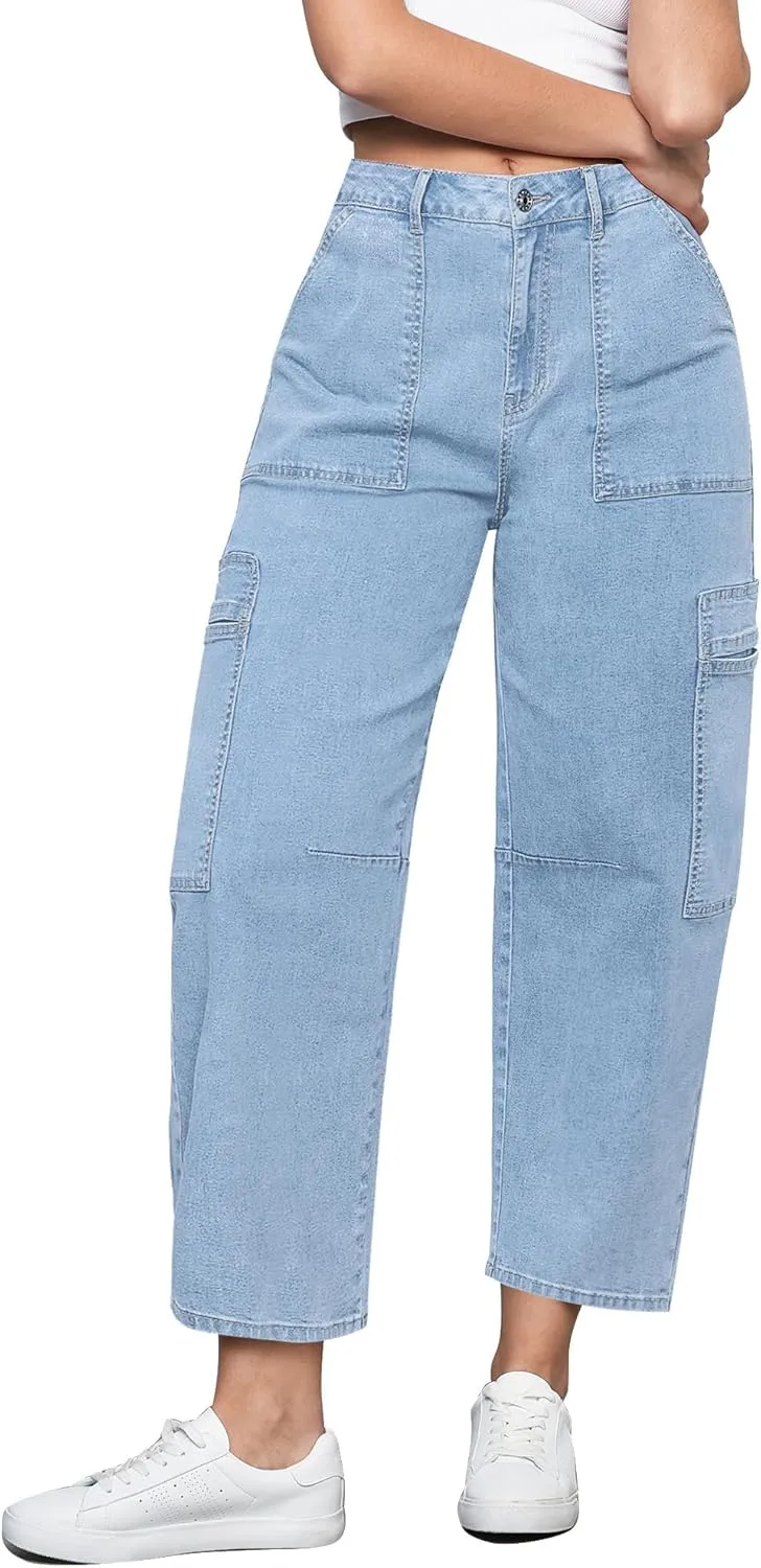 GRAPENT Barrel Jeans for Women Trendy High Waisted Cropped Cargo Pocket Baggy Stretch Denim Pants Wide Leg Tapered Jeans