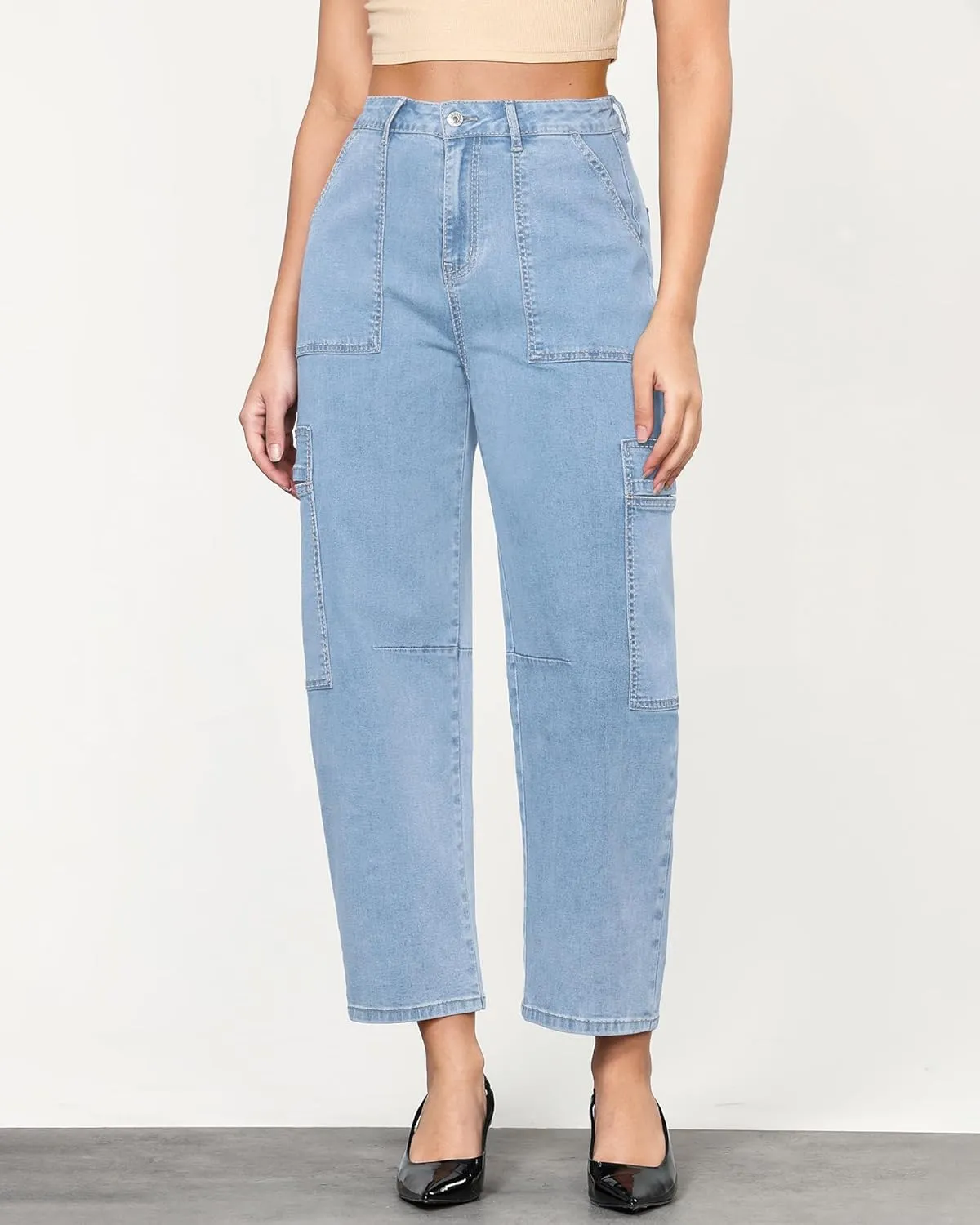 GRAPENT Barrel Jeans for Women Trendy High Waisted Cropped Cargo Pocket Baggy Stretch Denim Pants Wide Leg Tapered Jeans