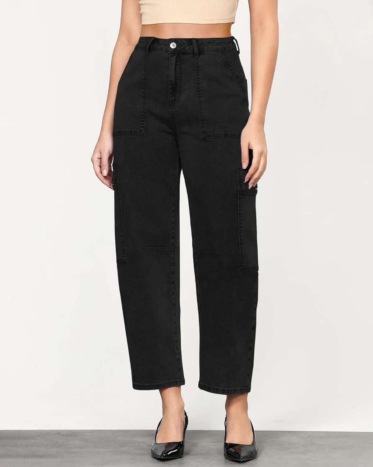 GRAPENT Barrel Jeans for Women Trendy High Waisted Cropped Cargo Pocket Baggy Stretch Denim Pants Wide Leg Tapered Jeans