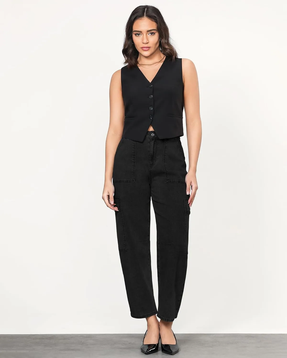 GRAPENT Barrel Jeans for Women Trendy High Waisted Cropped Cargo Pocket Baggy Stretch Denim Pants Wide Leg Tapered Jeans