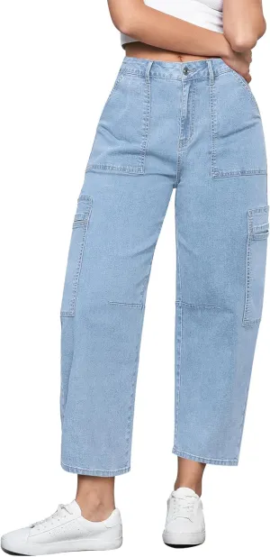 GRAPENT Barrel Jeans for Women Trendy High Waisted Cropped Cargo Pocket Baggy Stretch Denim Pants Wide Leg Tapered Jeans